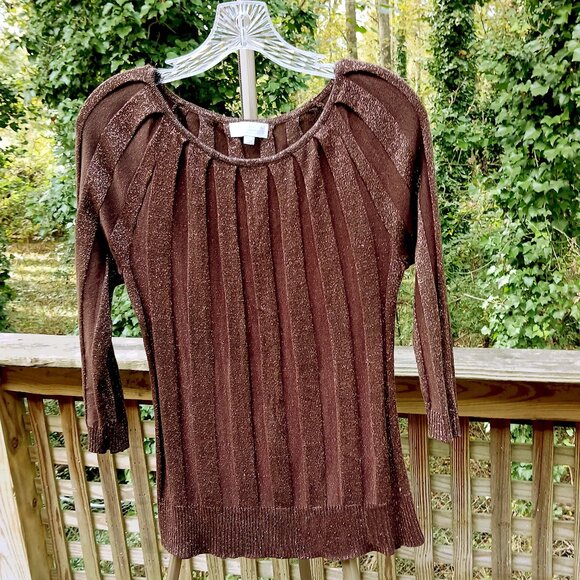 Textured Brown Ribbed Knit Sweater Shimmery Bronze Metallic Knit  Sweater Sz L - Picture 6 of 6